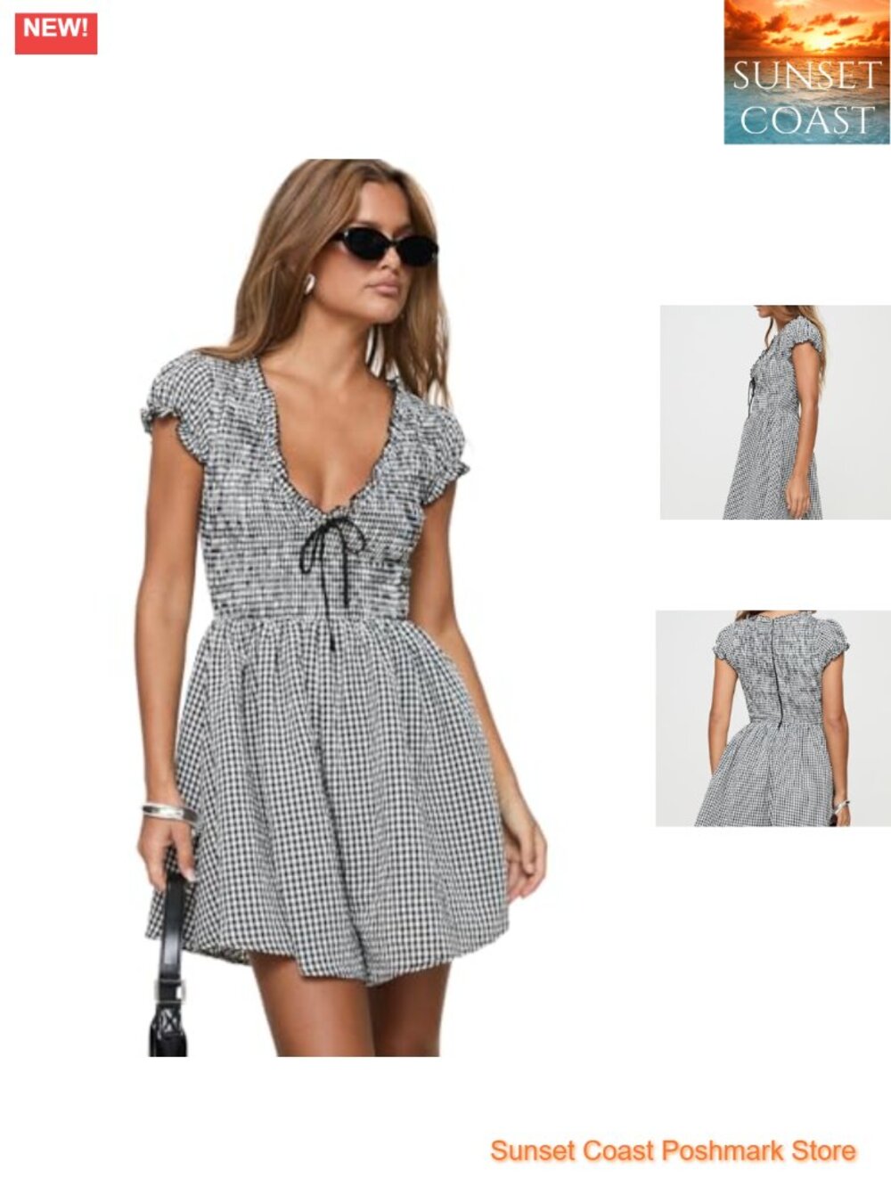 Gingham Romper Playsuit Puff Sleeve V-Neck Zipper Summer
